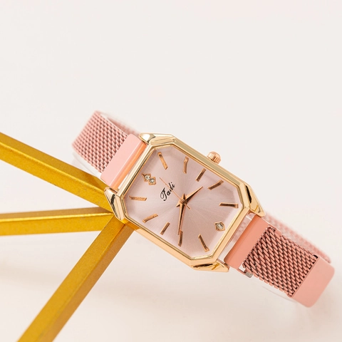 Women Rectangular Quartz Watch Alloy Case Stainless Steel Mesh Strap Octagonal Face Rhinestone Markers Elegant Milanese Wristwatch