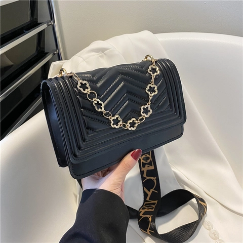 Women Quilted Small Square Bag PU Leather Chevron Shoulder Bag Floral Metal Chain Wide Strap Casual Daily Crossbody Purse