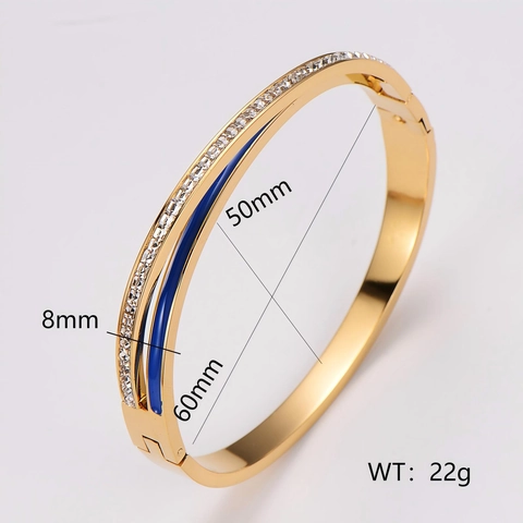 Twisted Double Layer Bangle 304 Stainless Steel With Blue Enamel And White Rhinestones Gold Plated Fashion Jewelry For Women