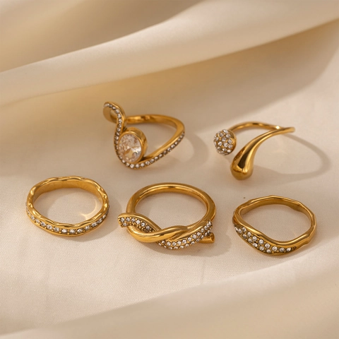 Titaniumstaal Strass Open Ring Voor Vrouwen Minimalistisch Verguld Geometrische Golf Waterdruppel Ingelegde Vingerrand Mode Sieraden