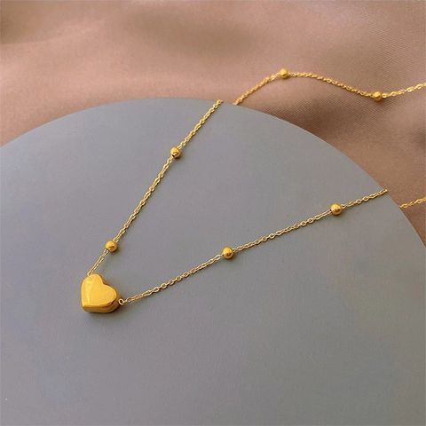 Heart Pendant Necklace Stainless Steel Beaded Chain Polished Minimalist Elegant Fashion Jewelry For Women