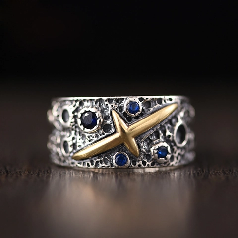 Retro Maankrater Koperen Ring Voor Heren Vintage Geoxideerde Brede Band Verstelbaar Punk Gothic Ster Blauwe Zirkoon