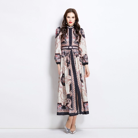 Vintage Barok Print Maxi Jurk Polyester Opstaande Kraag Lange Mouwen Knoopsluiting Met Riem Elegant Voor Dames