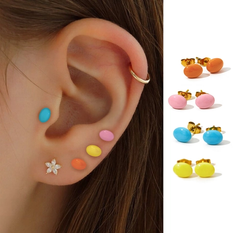 Minimalist Mini Bean Stud Earrings Stainless Steel Enamel Candy Macaron Colors Cute Oval Jewelry For Women