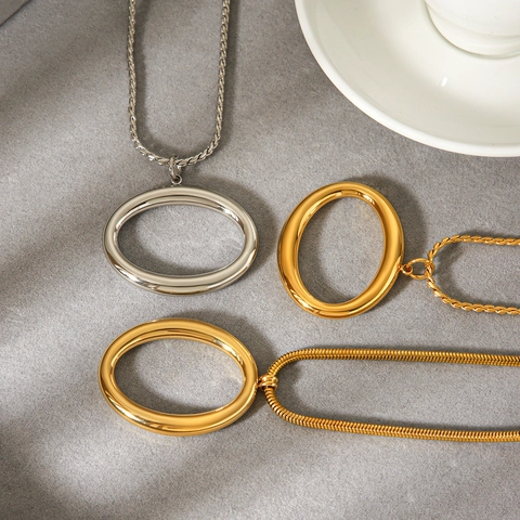 Oval Pendant Necklace Stainless Steel Geometric Minimalist Twist Snake Chain Jewelry For Women Chic