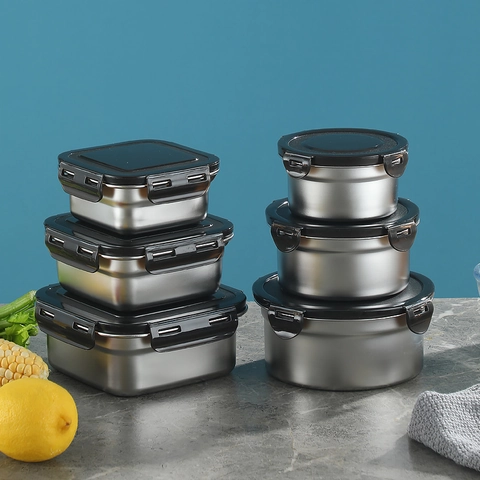 Contenedor De Almacenamiento De Alimentos De Acero Inoxidable Caja Hermética Con Tapa De Sellado Para Refrigerador Organización De Cocina Caja Bento