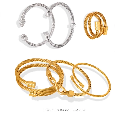 Bracciale Rigido Aperto Cavo Intrecciato In Acciaio Titanio E Anello Gioielli Con Accenti Di Cristallo Retrò Minimalista Per Donna