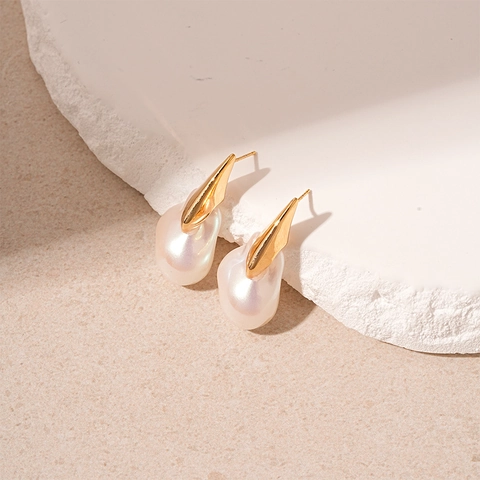 Baroque Irregular Artificial Pearl Earrings With 925 Sterling Silver Earring Post Gold Plated Copper Geometric Vintage Style For Women