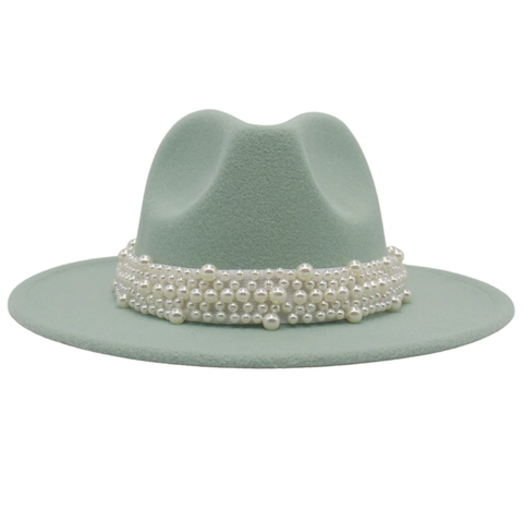 Elegant Wool Felt Fedora Hat With Wide Brim Artificial Pearl Band Retro British Style Jazz Hat For Women