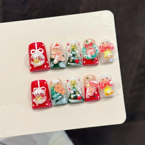 Weihnachten 3D Handgemachte Press On Nails Entenschnabel Quadratisch Relief Festlich Rentier Weihnachtsmann Dekor