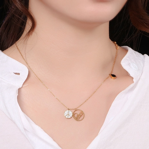 Collar Con Colgante Símbolo De La Paz Acero Inoxidable Diamantes De Imitación Letra Gota De Agua Gema Cadena Doble Mujeres