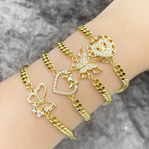 Pulsera de Eslabones Cubanos de Cobre Chapado en Oro para Mujer Sofisticada Colgante de Corazón Mariposa Incrustado de Circonia