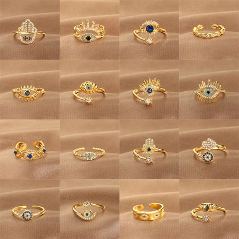 Evil Eye Offene Ringe Verstellbar Kupfer Zirkonia Hamsa Hand Glücksbringer Böhmischer Schmuck Für Damen Herren