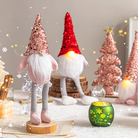 Christmas Gnome Plush Ornament LED Glowing Nose Sequin Hat Long Legs Gonk Doll Xmas Tree Decoration Home Holiday Desktop