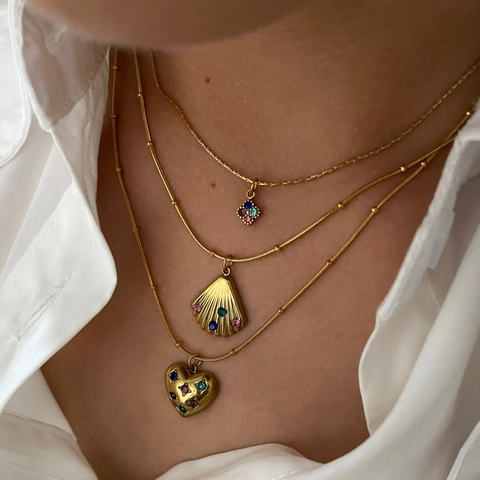 Edelstahl Anhänger Halskette Mehrfarbig Rhinestone Muschel Herz Blume Schmuck Für Frauen 18K Gold Plattiert
