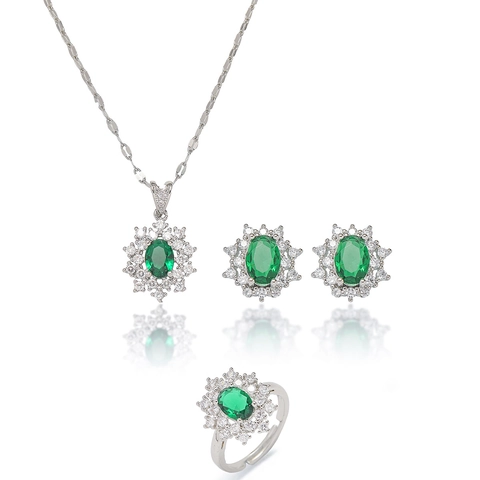 Elegant Emerald Green Cubic Zirconia Flower Necklace Earrings And Adjustable Ring Stainless Steel Copper Jewelry For Women