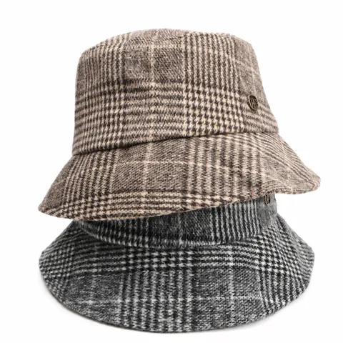 Vintage Plaid Woolen Bucket Hat For Women Flat Top Warm Winter Basin Hat Korean Style Checkered Sunshade Folding Cap