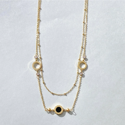 Collana A Doppio Strato In Acciaio Inossidabile Donna Pendente Numeri Romani Doppio Lato Zircone Cerchio Cavo Gioielli
