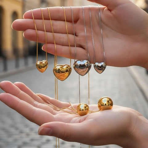 Heart And Round Ball Pendant Necklace Copper Gold Plated Polished Minimalist Box Chain Jewelry For Women