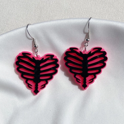 Collana E Orecchini Cuore Gabbia Toracica Gotico Acrilico Rosa Nero Halloween Punk Gioielli Per Donne