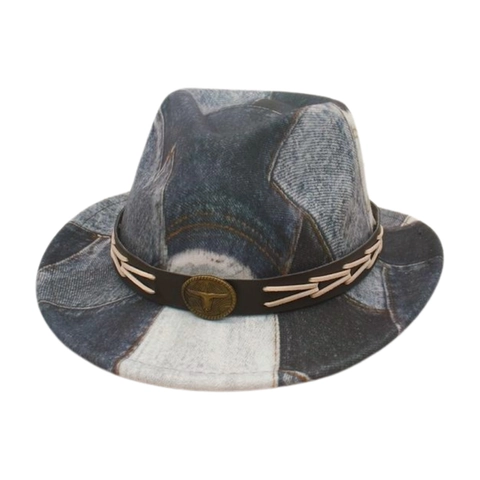 Kinder Fedora Hoed Denim Print Patchwork Katoen Polyester Western Cowboy Vintage Bull Head Metalen Badge Retro Jazz Zonnehoed