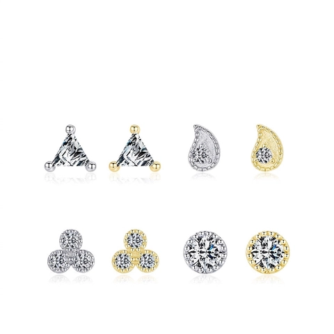 Minimalist 925 Sterling Silver Stud Earrings Geometric Tiny Cubic Zirconia Triangle Round Water Drop Jewelry For Women