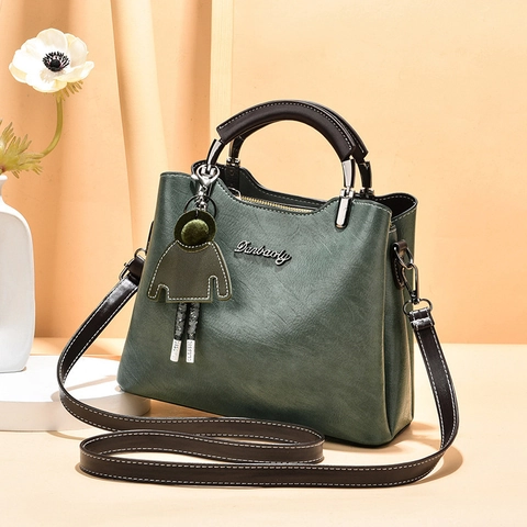 Women Shoulder Bag PU Oil Wax Leather Top Handle Crossbody Retro Small Square Tote With Green Doll Charm Multi-Pocket