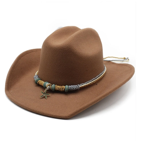 Western Cowboy Hut Filz Wollmischung Geflochtenes Band Seestern Anhänger Breite Krempe Böhmischer Ethno Stil
