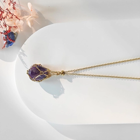 Mesh Cage Pendant Necklace Alloy Adjustable Bamboo Chain Interchangeable Crystal Stone Holder Vintage Boho Style Women