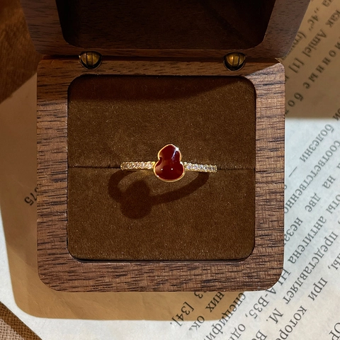 Anillo Abierto Ajustable Para Mujer Cobre Chapado En Oro De 18K Forma De Gourd Roja Joyería De Mano Retro Elegante