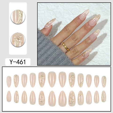 Unghie Finte Forma Mandorla 3D Oro Rilievo Nude Rosa Floreale Astratto Elegante Stile Dolce Per Donne