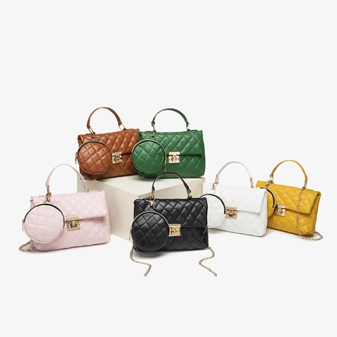 Quilted PU Leather Handbag And Round Coin Purse With Gold Chain Strap Lock Fashion Women Trendy