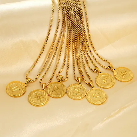 Twaalf Sterrenbeelden Ketting 18K Verguld 304 Roestvrij Staal Ronde Munt Hanger Doos Ketting Unisex Minimalistisch