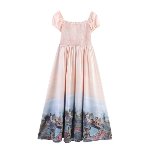 Renaissance Olieverf Engel Print Maxi Jurk Polyester Smocking Vierkante Hals Pofmouw Hoge Taille Gradiënt Vintage