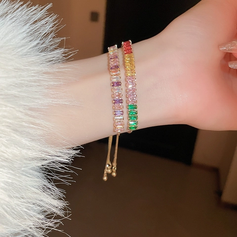 Adjustable Tennis Bracelet Copper Gold Plated Square Cubic Zirconia Colorful Geometric Bolo Slider Jewelry For Women