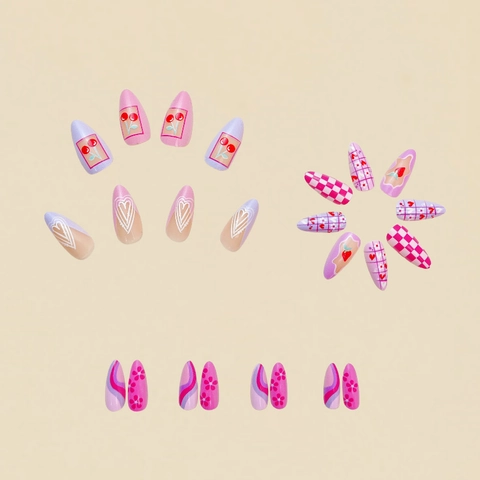 Press On Nails Pink Purple Almond False Nails With Cherry Heart Plaid Pattern Full Cover Removable Plastic For Women