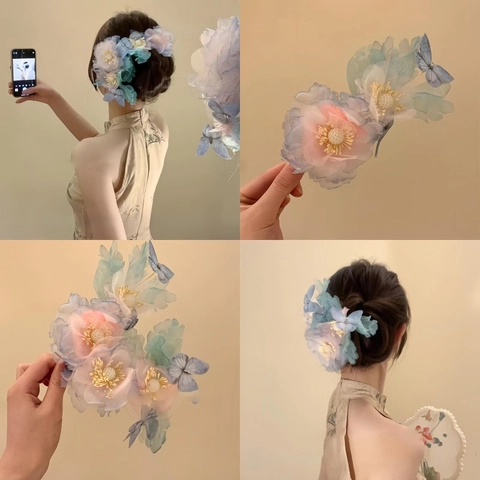 Elegant 3D Mesh Flower Butterfly Hair Clip With Faux Artificial Pearl Handmade Organza Duckbill Clip For Wedding Party Styling