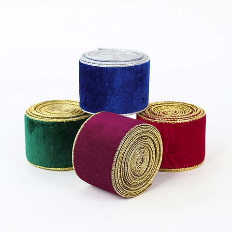 Christmas Wired Velvet Ribbon Metallic Gold Edge For Xmas Tree Decoration Festive Gift Wrapping Holiday Craft DIY Ornament