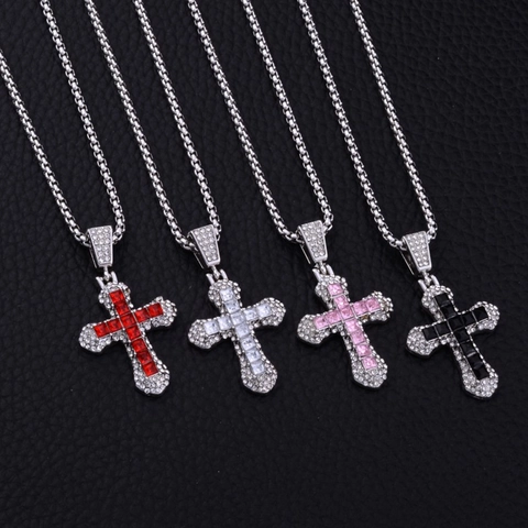 Collar Con Colgante De Cruz De Acero Inoxidable Con Piedra De Zirconia Cuadrada Colorida Joyería Religiosa Hip Hop