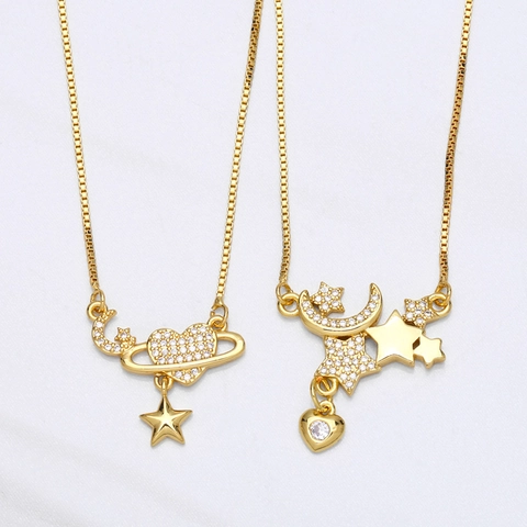 Star Moon Heart Pendant Necklace Copper 18K Gold Plated Zircon Planet Saturn Box Chain For Women Chic Jewelry