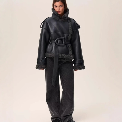 Women Faux Leather Biker Jacket Shearling Lined Lapel Coat With Waist Belt Moto Style Warm Outerwear