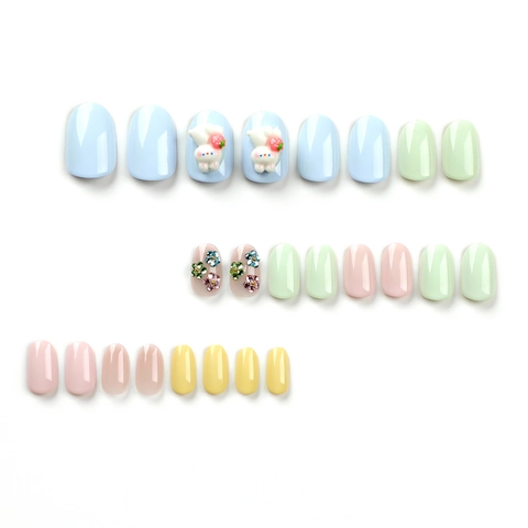 Short Round Press On Nails Macaron Color With 3D Rabbit Strawberry Rhinestone Flower Cute Easter Style For Women
