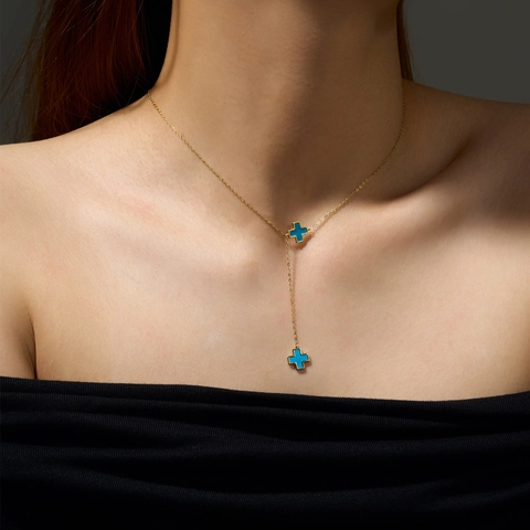 925 Sterling Silver Cross Pendant Necklace For Women Y-Shaped Lariat Necklace Minimalist Geometric Blue Cross Jewelry Gift