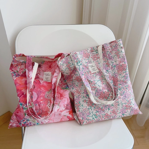 Florale Print Tote Bag Baumwolle Canvas Große Kapazität Shopper Handtasche Vintage Freizeit Reise Schultertasche Damen