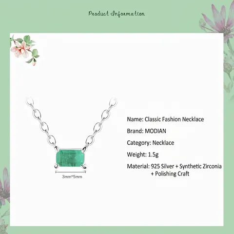 925 Sterling Silver Necklace For Women With Green Rectangle Emerald Cut Cubic Zirconia Pendant Elegant Minimalist Jewelry