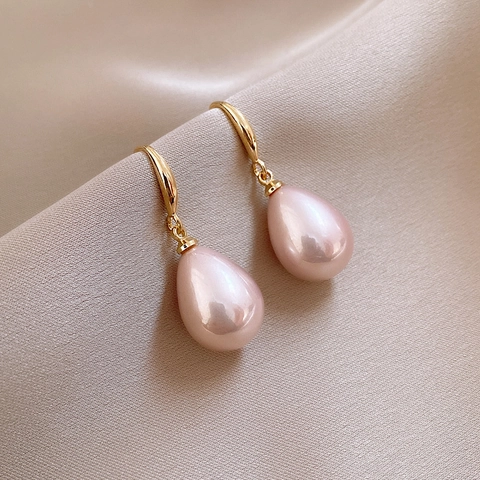 Elegant Pink Teardrop Artificial Pearl Drop Earrings Gold Plated Hook Retro Vintage Minimalist Style Jewelry For Women