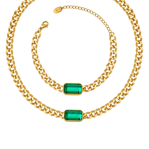 Set di Gioielli Retrò Hip Hop in Acciaio Inossidabile a Maglia Cubana per Donna Collana Bracciale Oro Argento Con Pietra di Vetro Rettangolare