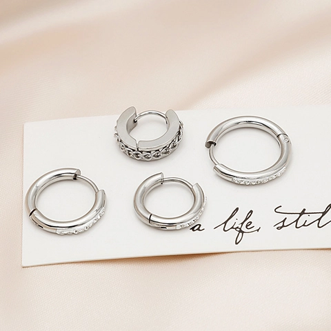 Stainless Steel Hoop Earrings Rhinestone Geometric Chain Link Huggie Ear Buckle Minimalist Punk Style For Men Women
