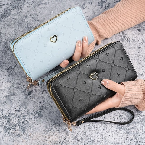 Women's Long Wallet PU Leather Double Zipper Large Capacity Heart Decor Geometric Embossed Clutch With Wristlet