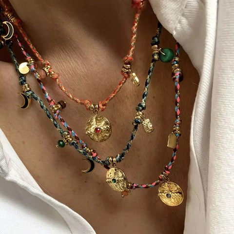 Bohemische Gewebte Halskette Edelstahl 18K Vergoldet Emaille Tigerauge Stein Stern Mond Anhänger Vintage Schmuck Damen